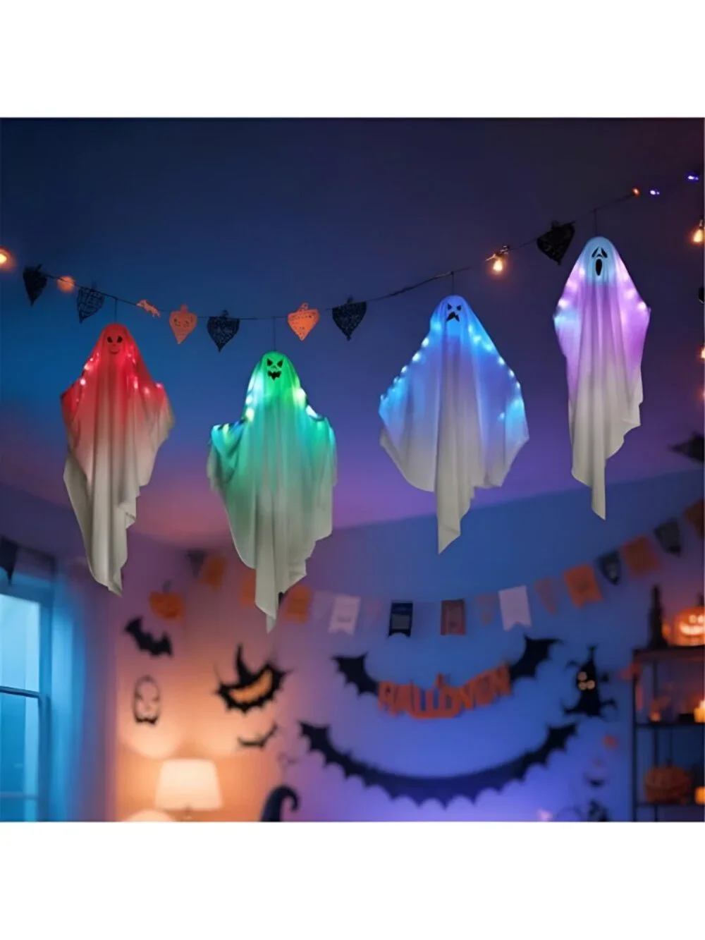 4 Pcs Halloween Hanging Ghost Decorations,Color-Changing Light Up Ghost with